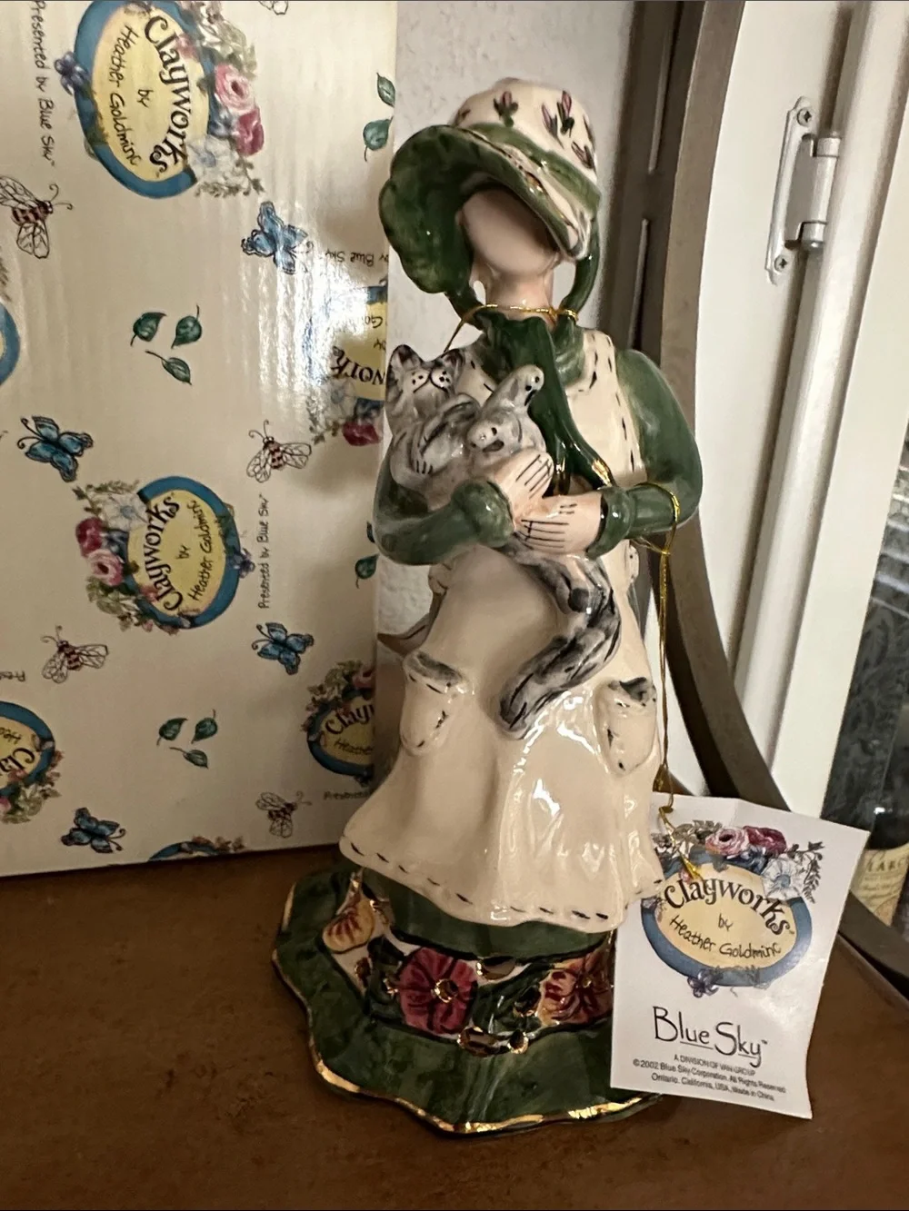 Blue Sky Green & Cream Girl Figurine Holding Cats